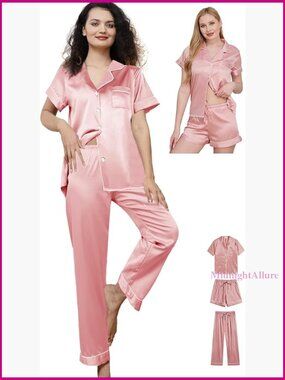 Silk Satin Pajama Set 3-Piece Sleepwear Loungewear XS-2XL